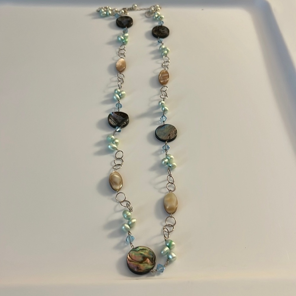 Abalone with pearls and beaded necklace. Long.